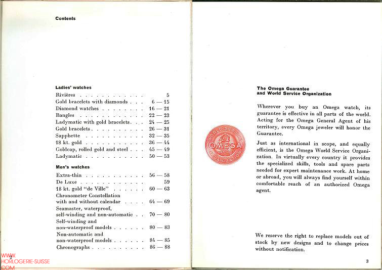 catalogue Omega 1960 table des matières